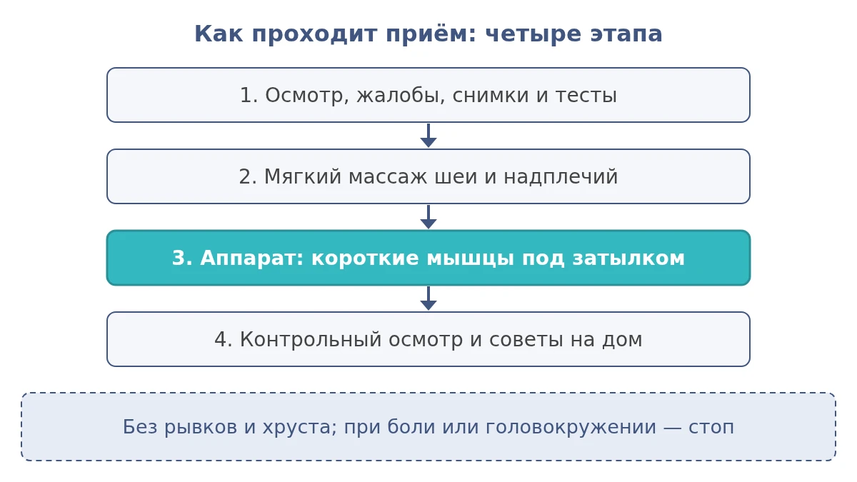Схема четырёх этапов приёма: осмотр и тесты, подготовка шеи, аппаратная проработка мышц под затылком, контрольный осмотр