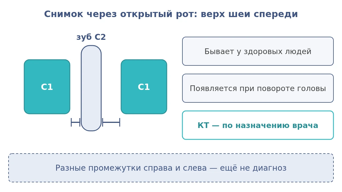 Схема снимка через открытый рот: зуб аксиса между боковыми массами атланта, неравные промежутки справа и слева